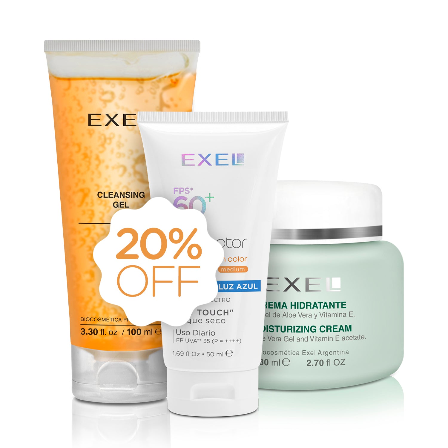 GEL DE LIMPIEZA 100 ML + CREMA HIDRATANTE CON GEL DE ALOE VERA Y VITAMINA E 80 ML+ FOTOPROTECTOR SOLAR MEDIO SPF 50 ML COMBO EXEL
