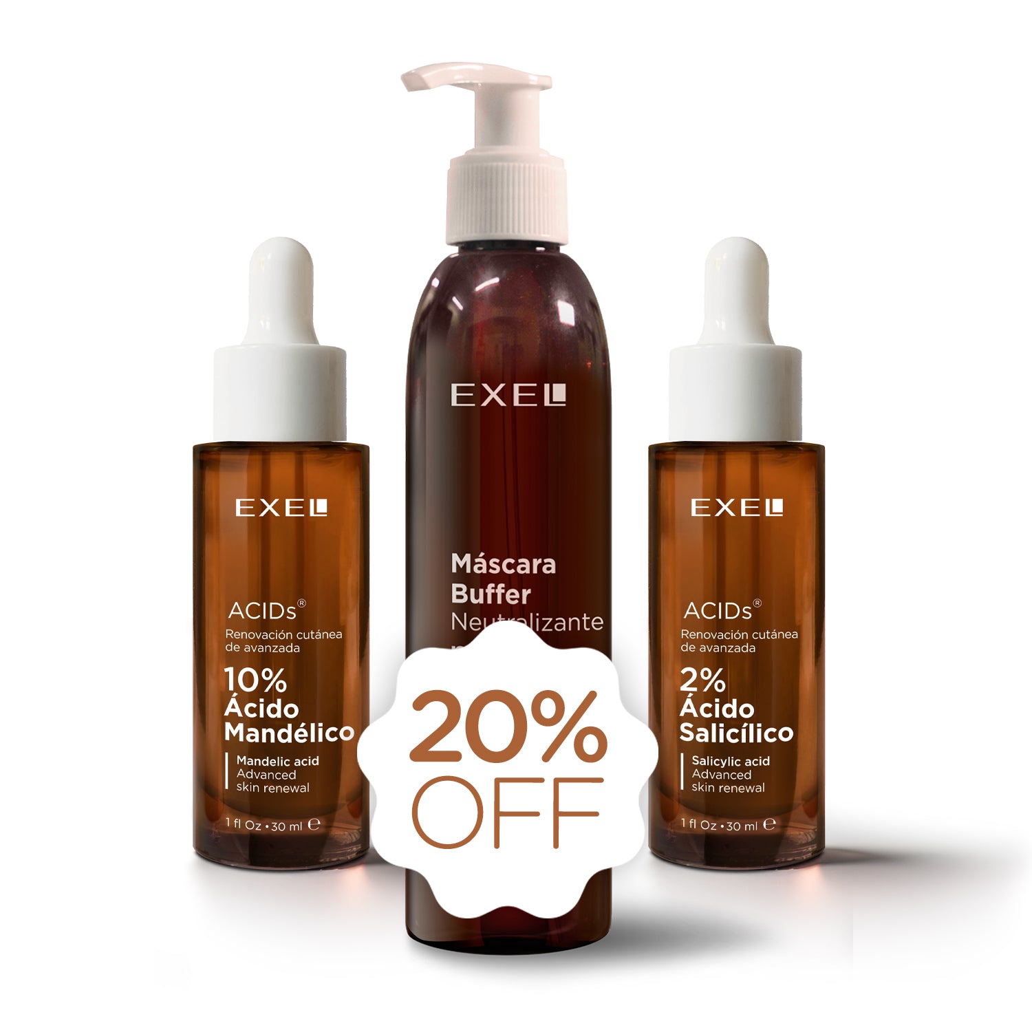 10% ACIDO MANDELICO 30 ML + MASCARA BUFFER 200 ML + 2% ACIDO SALICILICO 30 ML COMBO EXEL