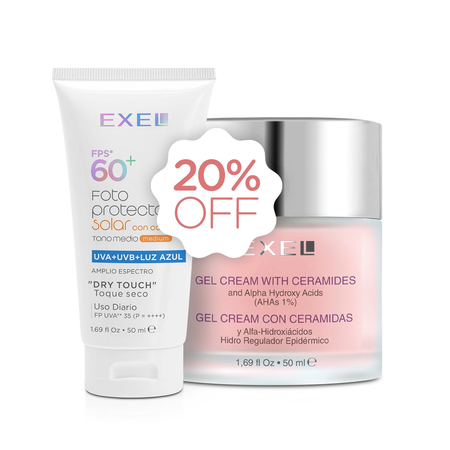 GEL CREMA CON CERAMIDAS 50 ML + FOTOPROTECTOR SOLAR FLUIDO FPS MEDIO 50 ML COMBO EXEL
